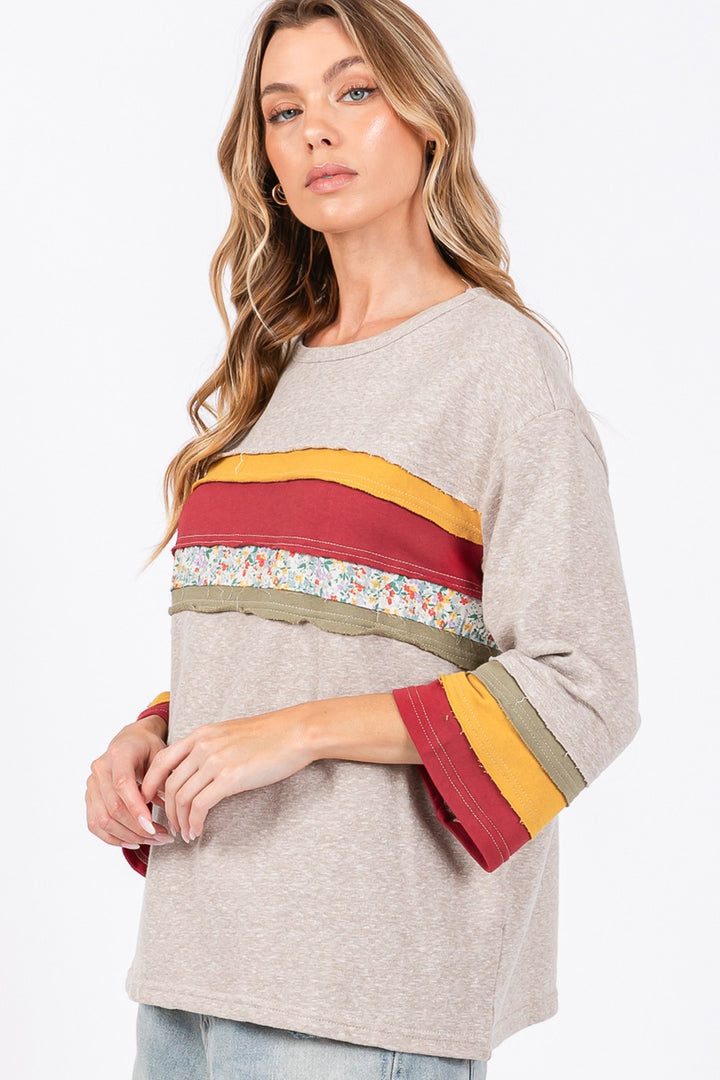 SAGE + FIG French Terry Color Block Top In Oatmeal