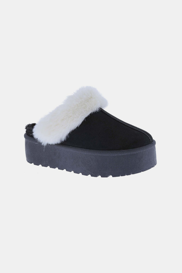 Thick Bottom Fur Trim Snow Slippers In Black