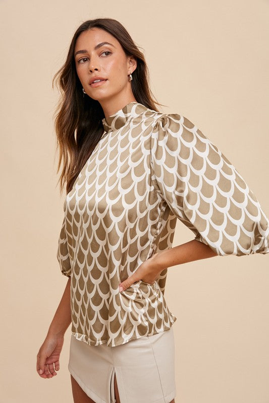 Annie Wear Tie Back Abstract Print Blouse In Khaki