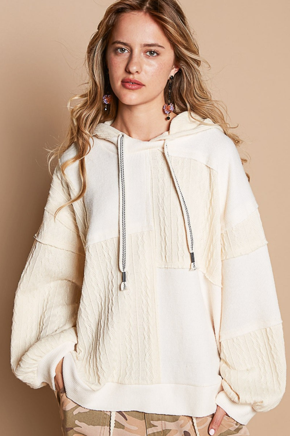 POL Exposed Seam Hooded Knit Top In Cream