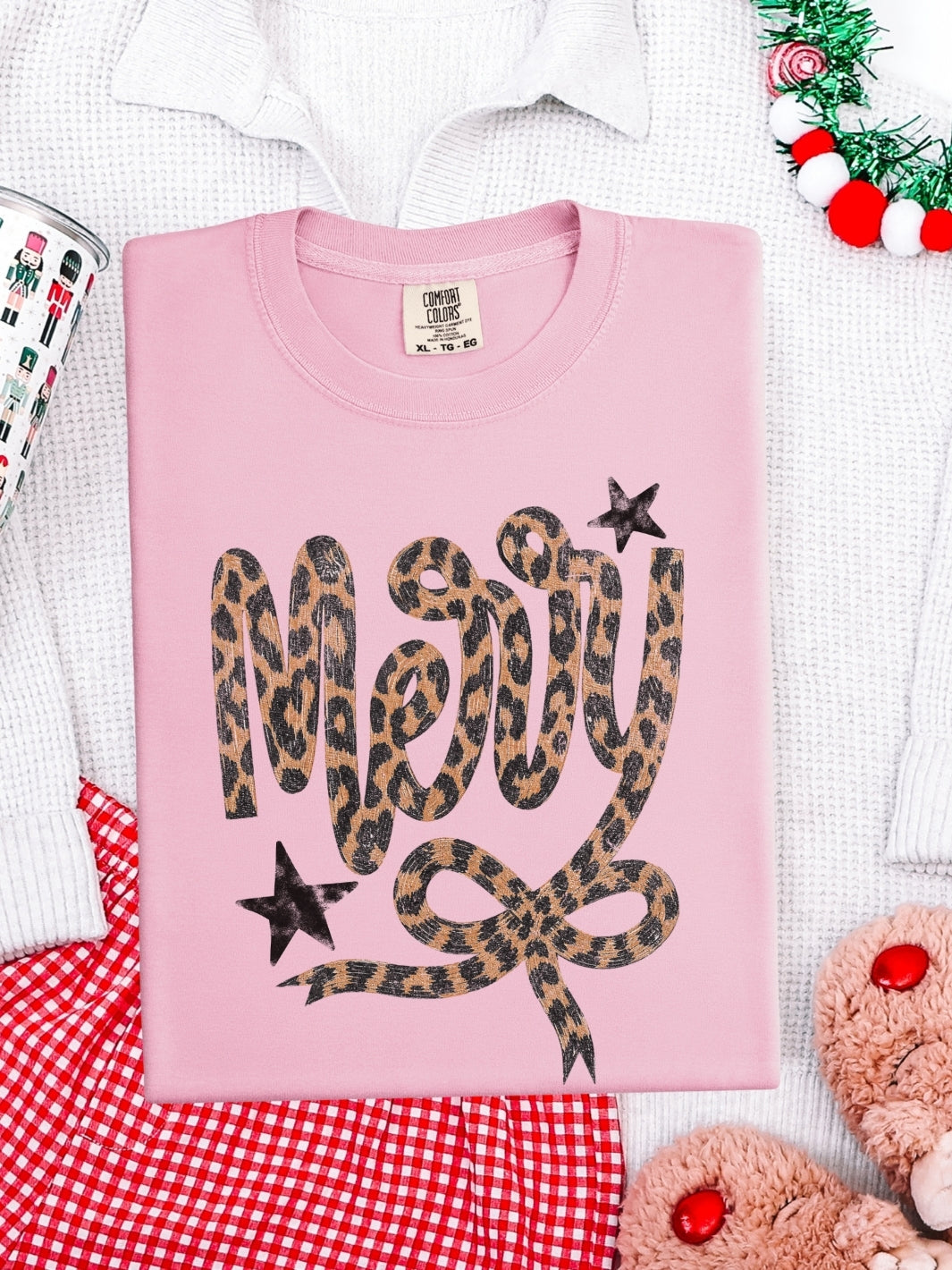 Merry Leopard Bow Festive Christmas Comfort Colors Graphic Tee