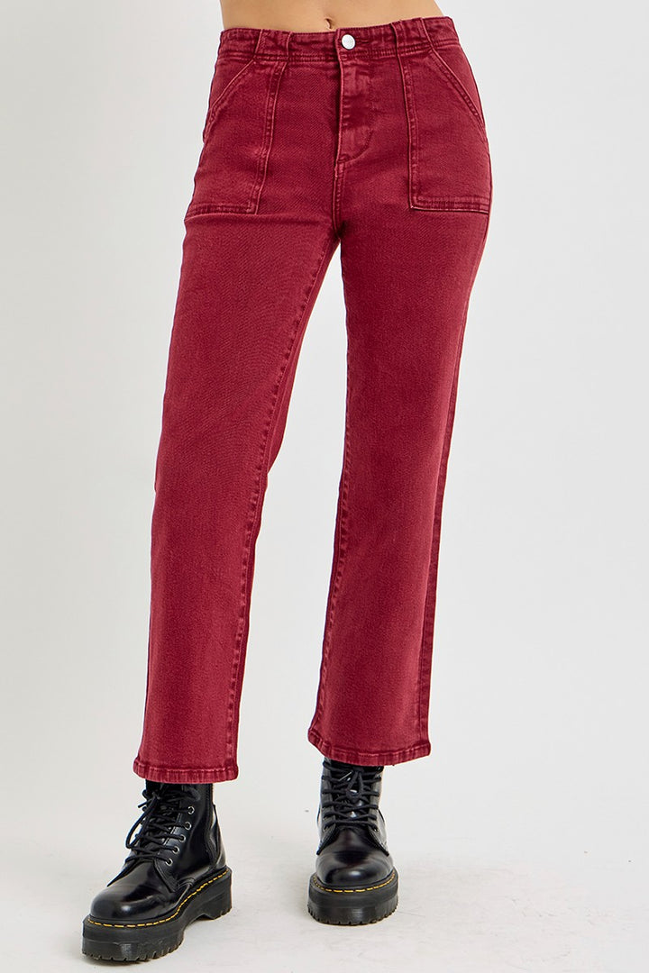 RISEN High Rise Straight Jeans with Patch Pockets In Wine