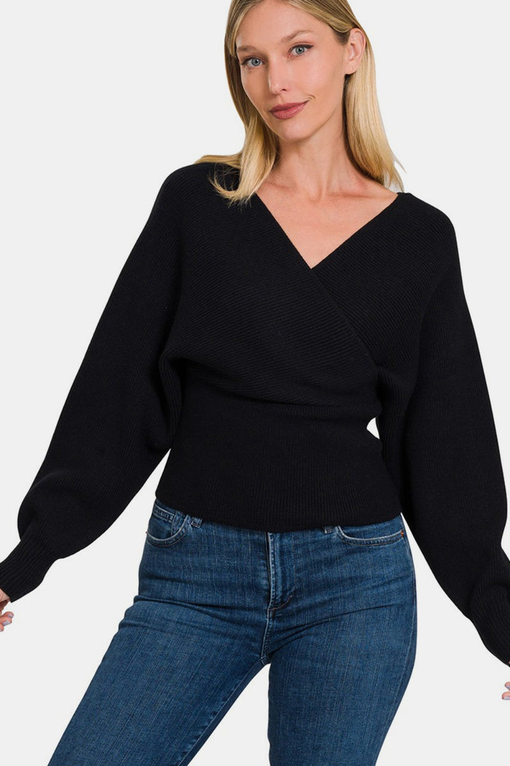 Zenana Cross Wrap Rib Sweater In Black