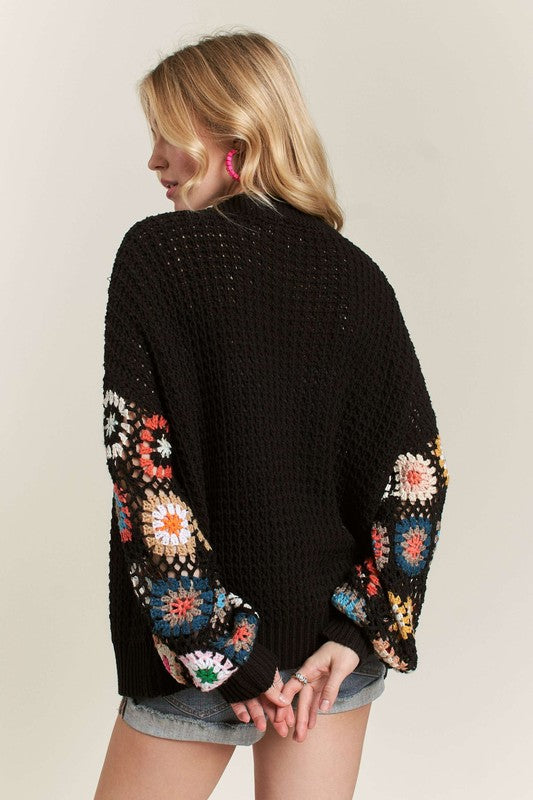 ADORA Crochet Open Front Cardigan In Black