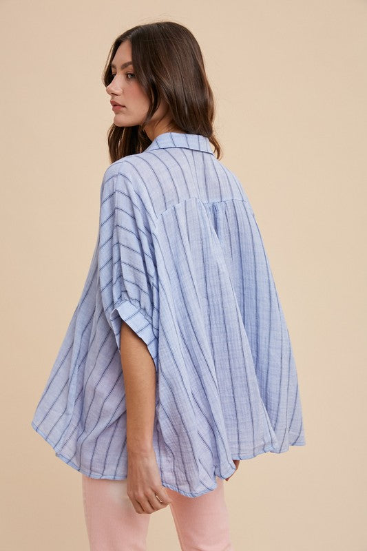 Annie Wear Striped Button Up Half Sleeve Shirt In Lt Blue