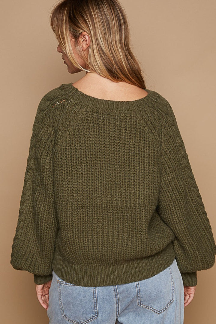 POL Cable Knit Cutout Long Sleeve Sweater In Dried Olive