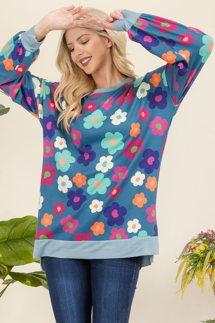 Celeste Side Slit Flower Print Top In Teal