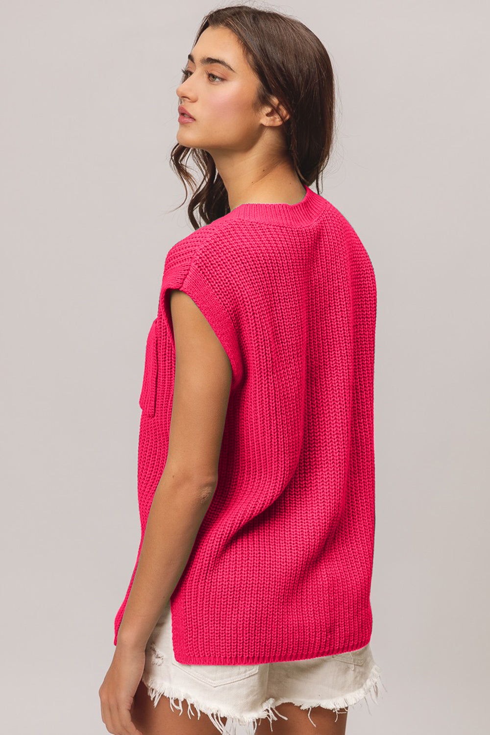 Patch Pocket Cap Sweater Top In Fuchsia