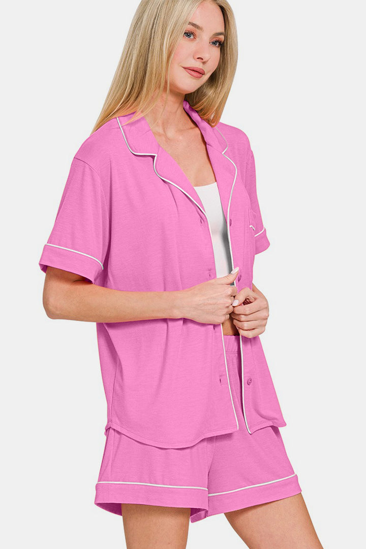 Zenana Button Down Top and Shorts Lounge Set In Bright Mauve