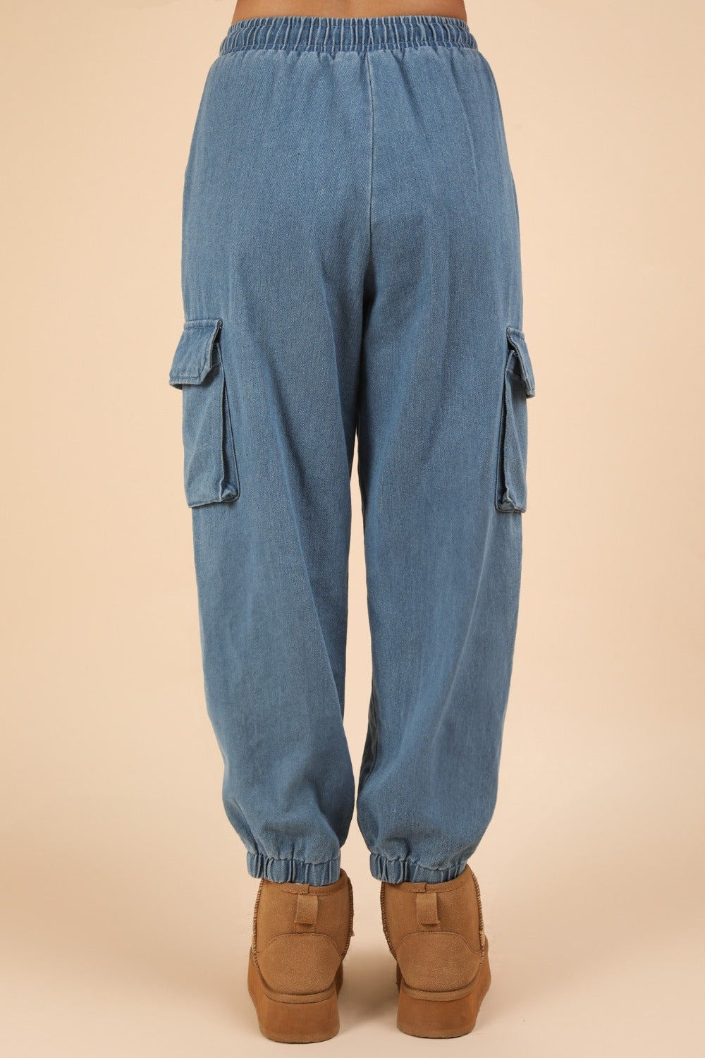 VERY J Washed Drawstring Jogger Cargo Jeans In Indigo