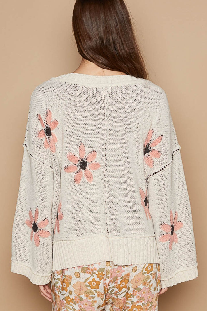 POL V-Neck Floral Pattern Chenille Sweater In Ivory