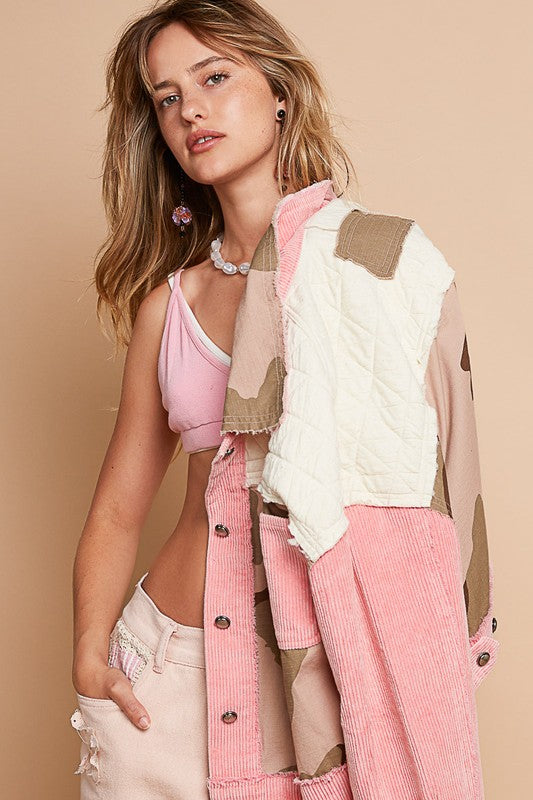 POL Corduroy Jacquard Patchwork Jacket In Neon Pink