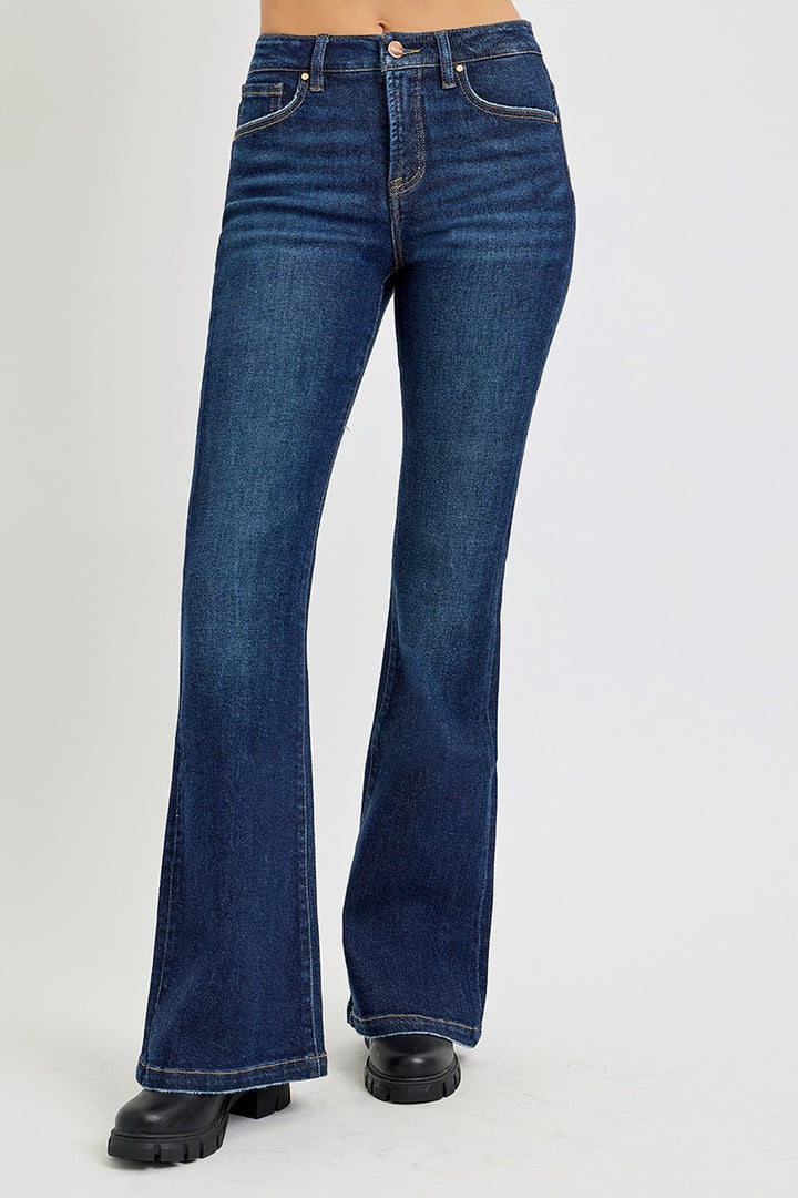 RISEN High Rise Flare Jeans with Pockets In Dark Wash