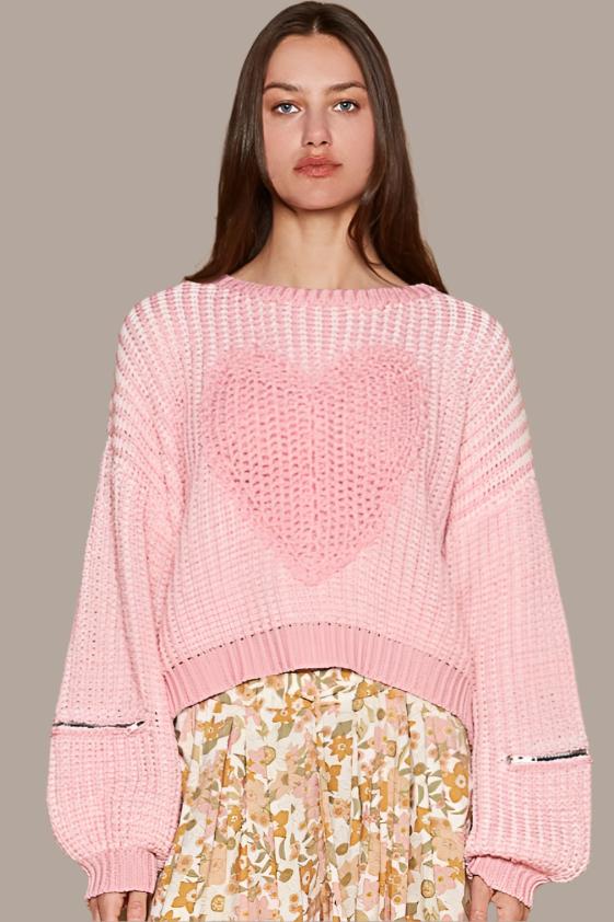 POL Round Neck Heart Patch Zipper Point Sleeve Sweater In Candy Pink