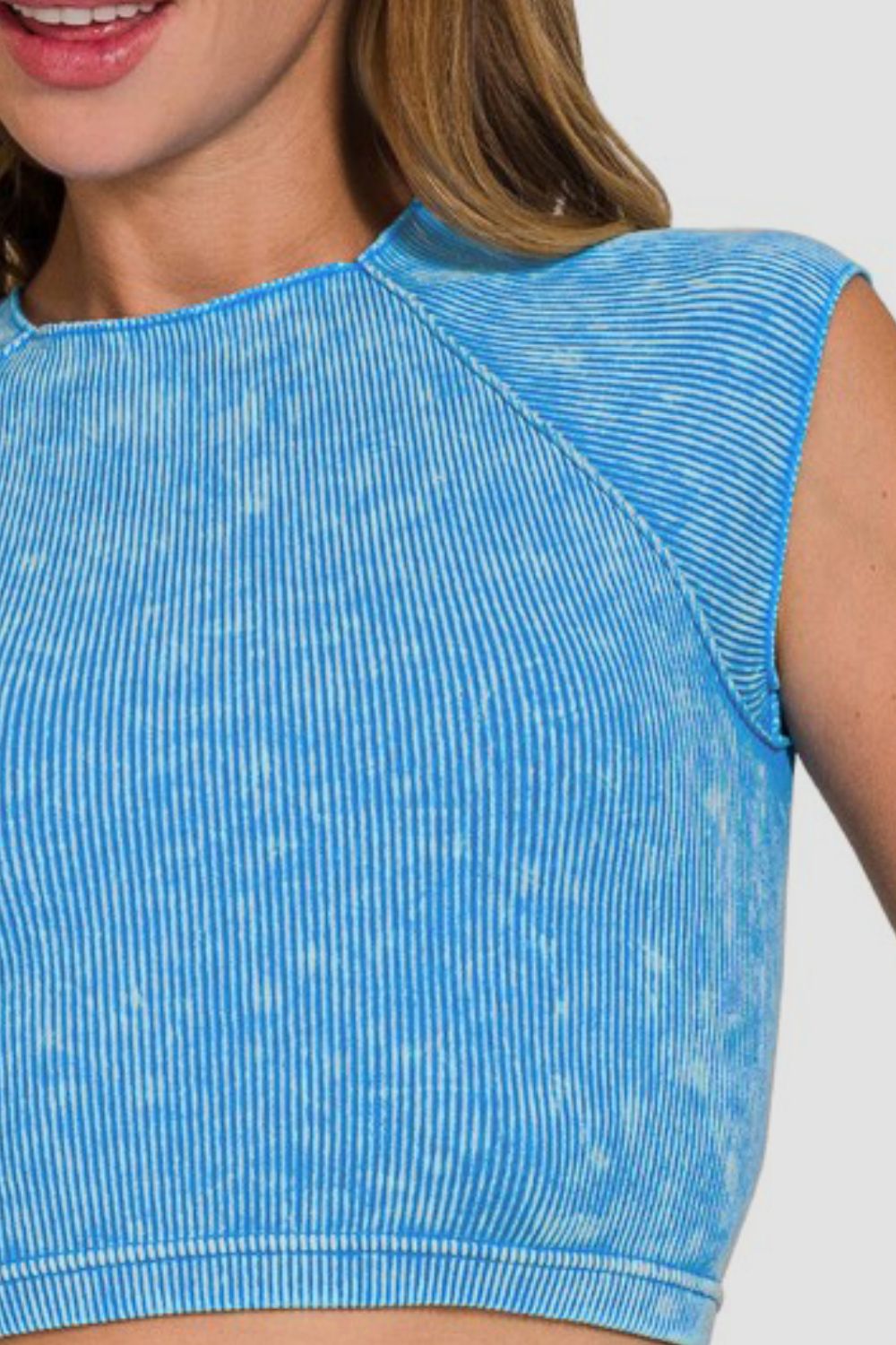 Zenana Ribbed Cropped Top In Sky Blue