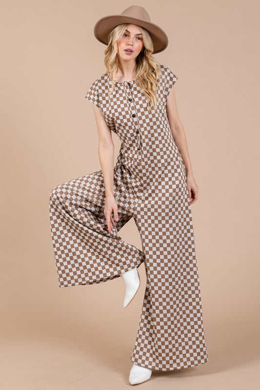 Ces Femme Checkered Half Button Jumpsuit In Taupe