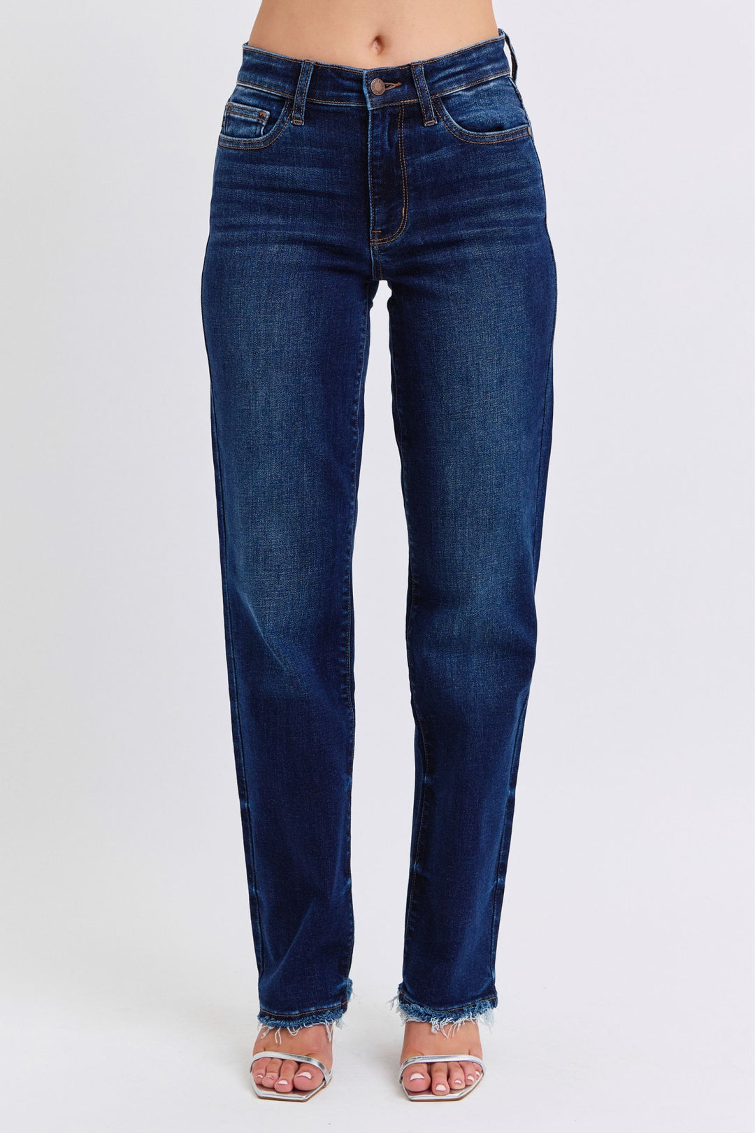 Judy Blue Jacqueline Mid Rise Frayed Hem Straight Leg Jean