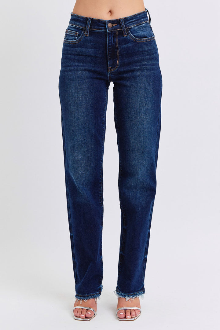 Judy Blue Jacqueline Mid Rise Frayed Hem Straight Leg Jean