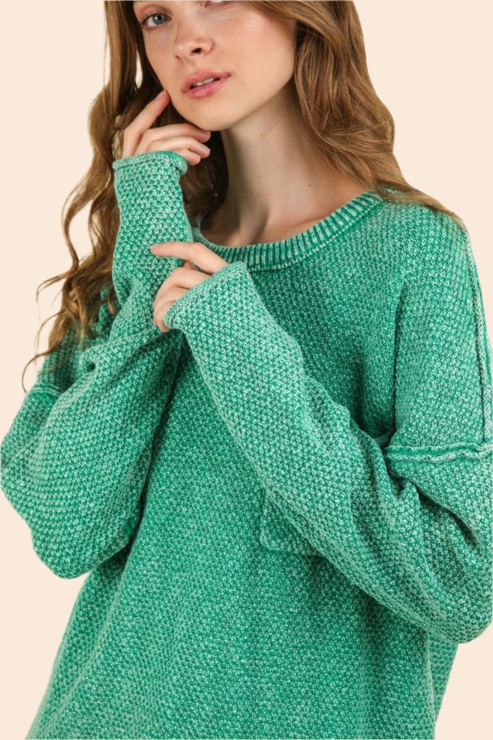 VERY J Mineral Washed Exposed Seam Sweater In Kelly Green