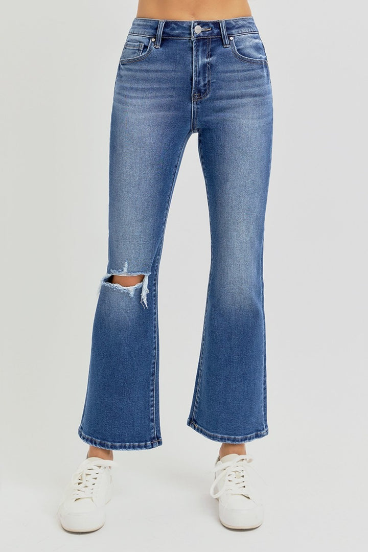 RISEN Distressed High Rise Crop Flare Jeans In Dark Wash