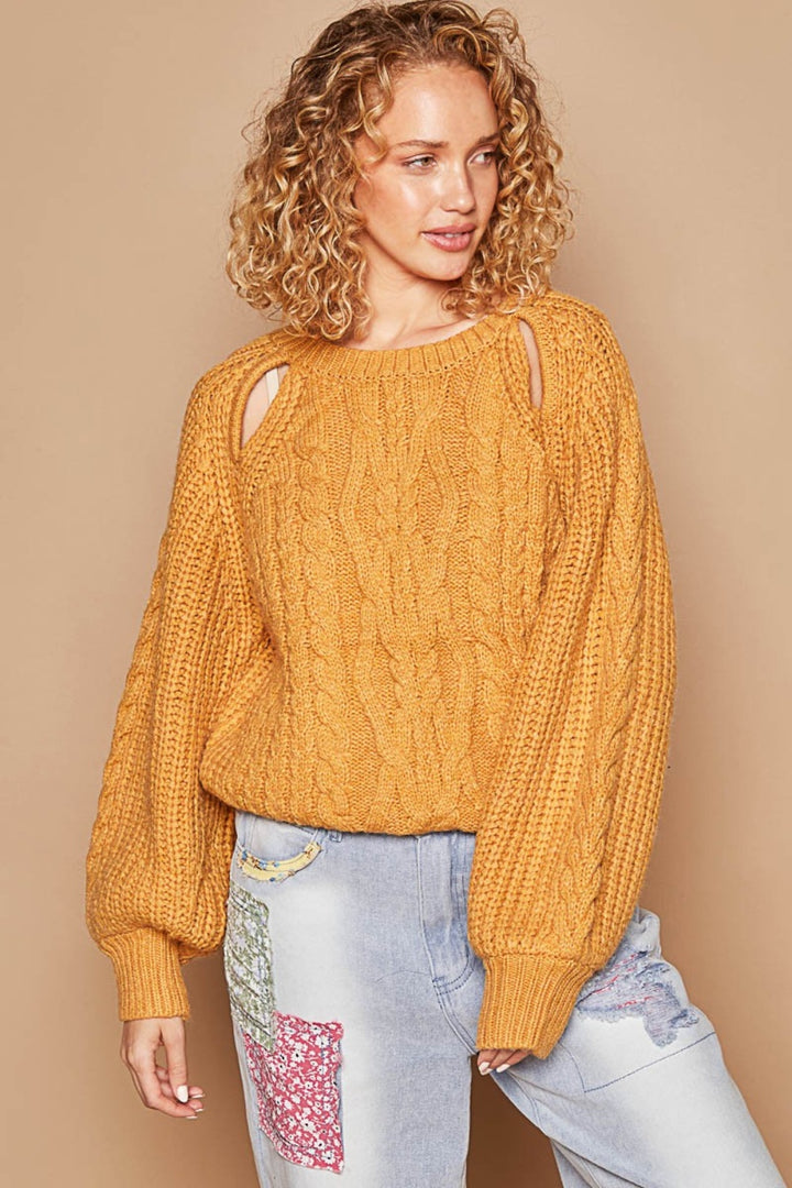 POL Cable Knit Cutout Long Sleeve Sweater In Honey Mustard