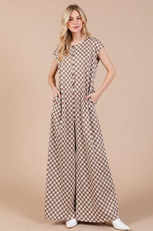 Ces Femme Checkered Half Button Jumpsuit In Taupe