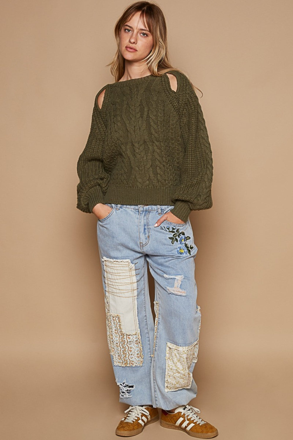 POL Cable Knit Cutout Long Sleeve Sweater In Dried Olive