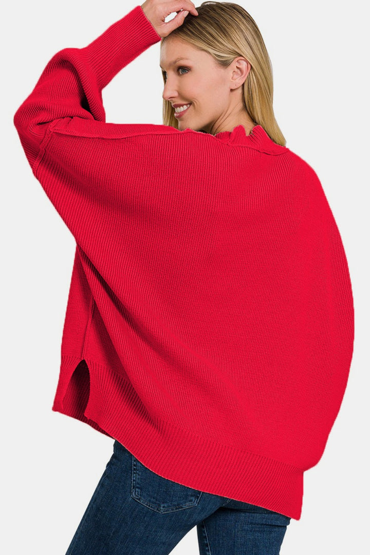 Zenana Side Sit Oversize Sweater In Ruby