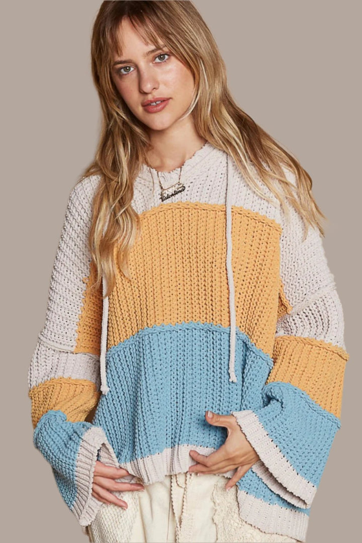 POL Color Block Long Sleeve Hooded Sweater In Blue Mustard Multi