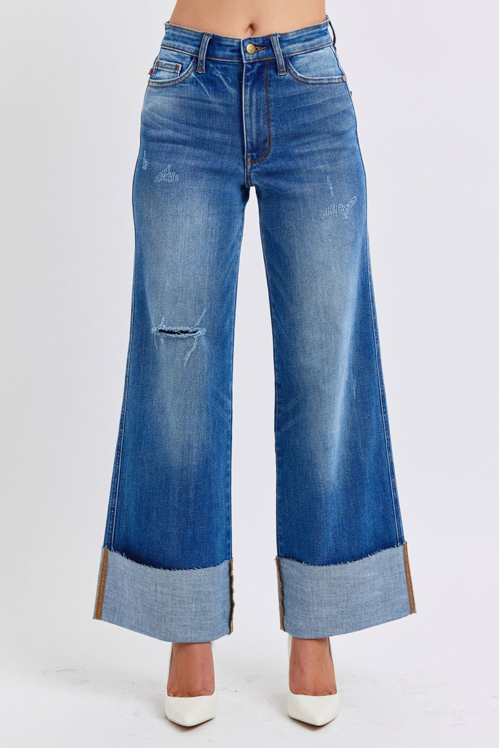 Judy Blue Daisy Distressed High Waist Wide Leg Jeans