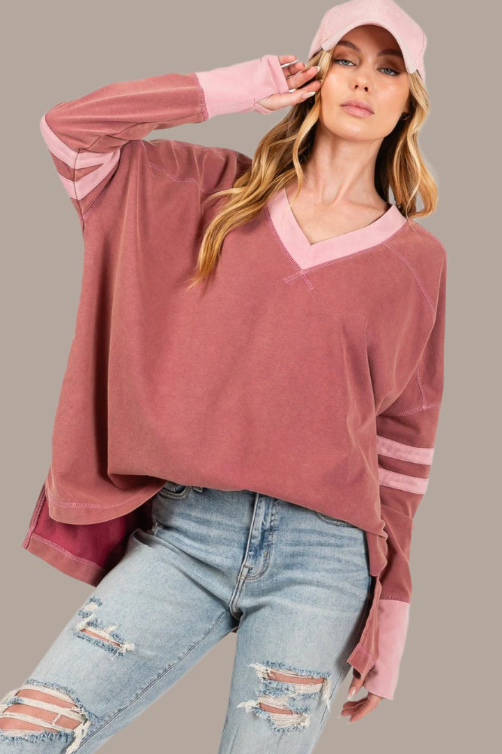 SAGE + FIG Mineral Wash Side Slit Contrast Top In Mulberry