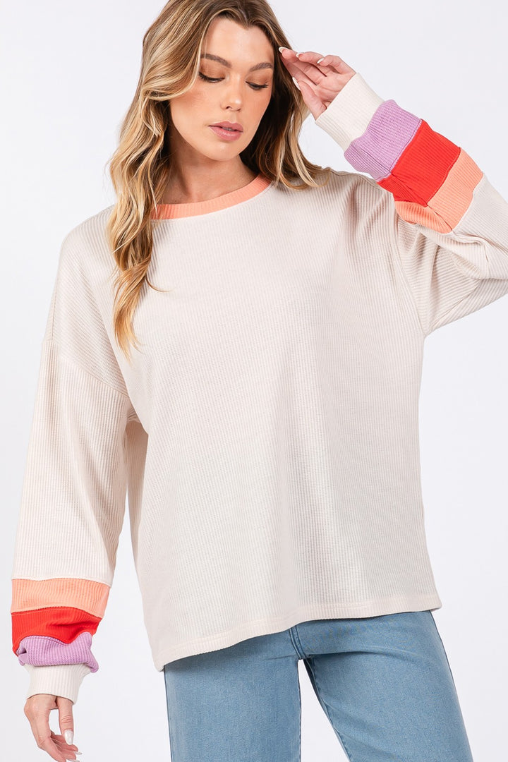 SAGE + FIG Color Block Waffle Knit Top In Sand