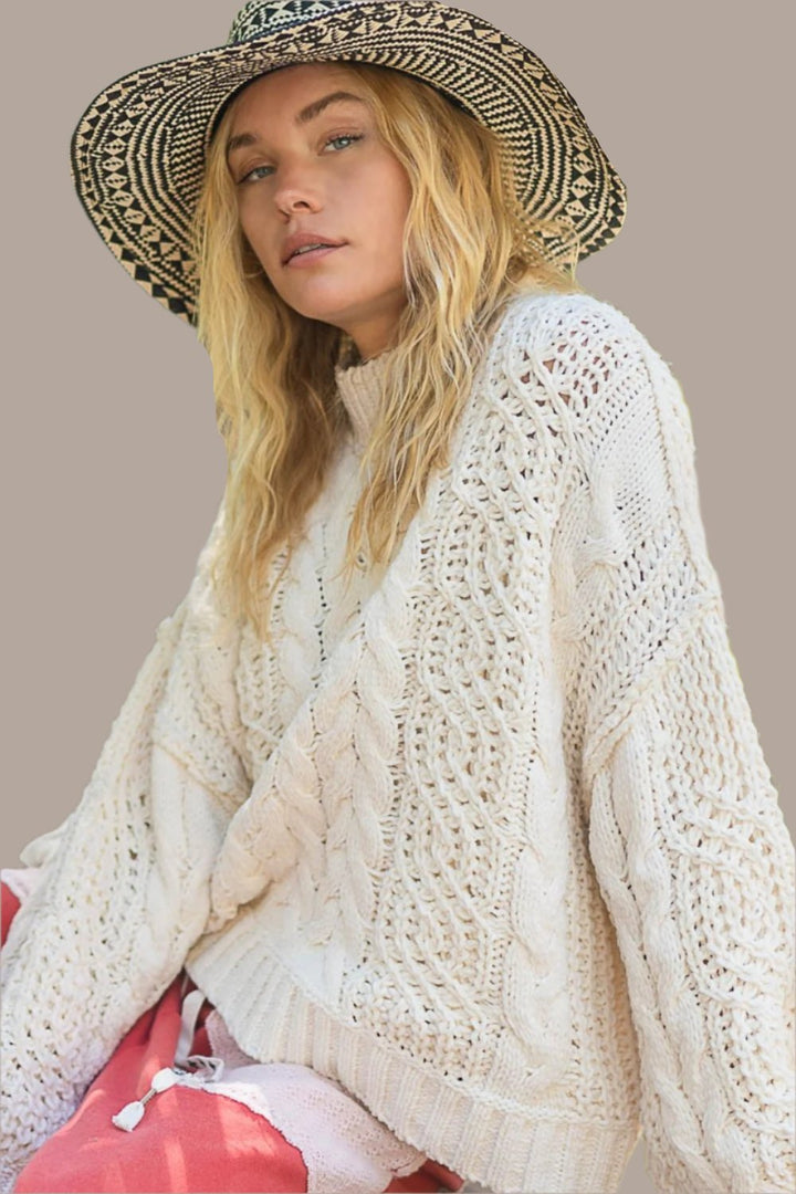 POL Mock Neck Cable Knit Sweater In Cream