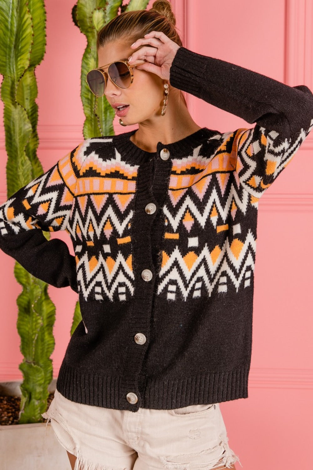 BiBi Ethnic Pattern Button Up Knit Cardigan In Black