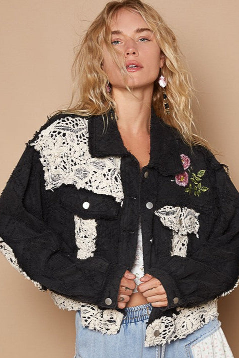 POL Crochet Patch Embroidered Button Up Jacket In Black