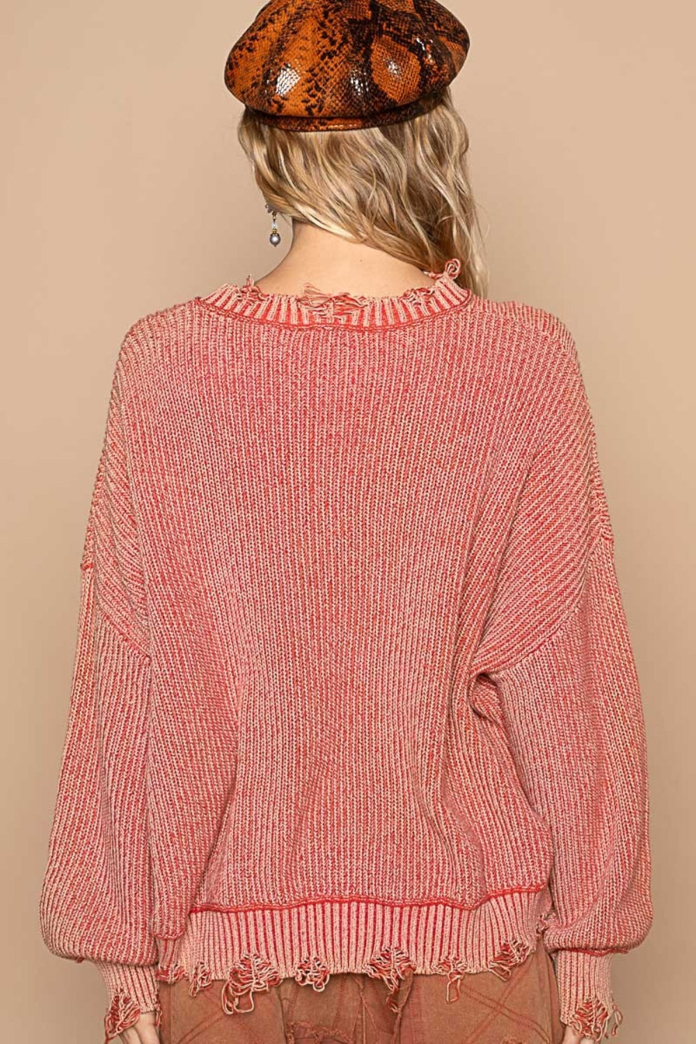 POL Distressed Washed Drop Shoulder Sweater In Brick