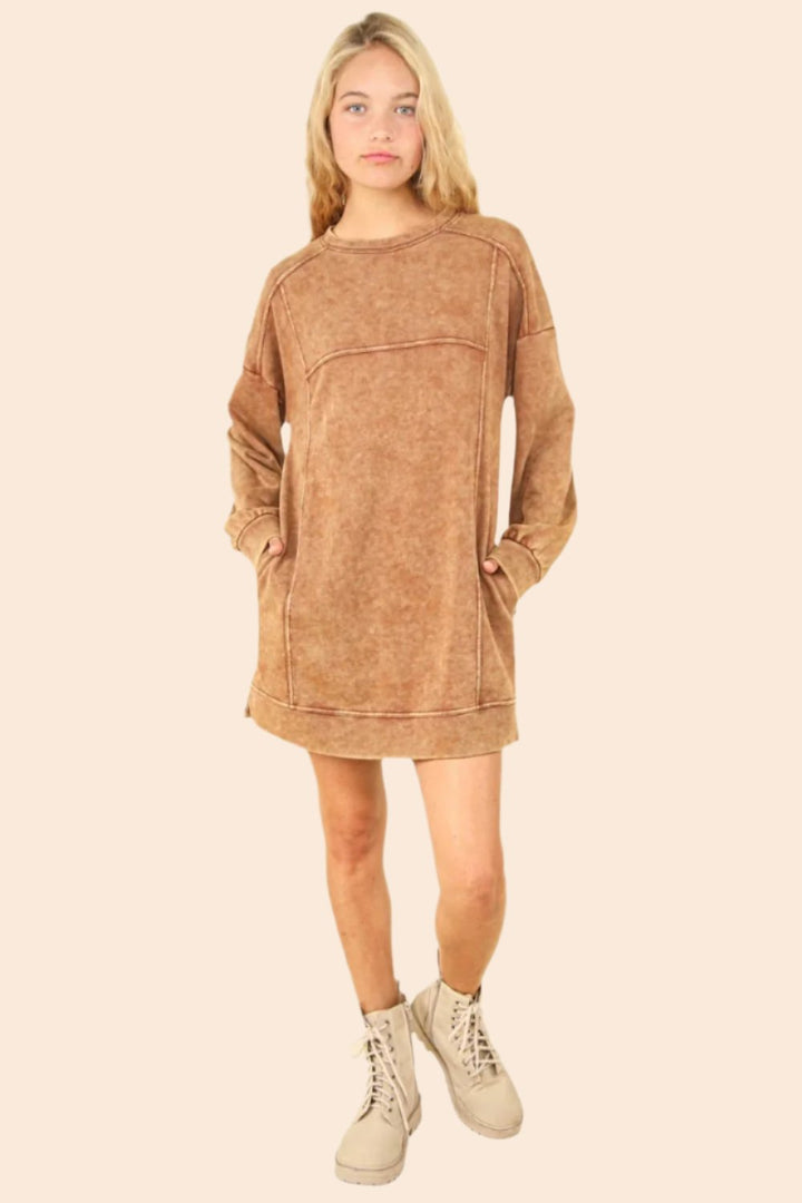 VERY J Mineral Washed Oversized Sweatshirt Mini Dress In Camel