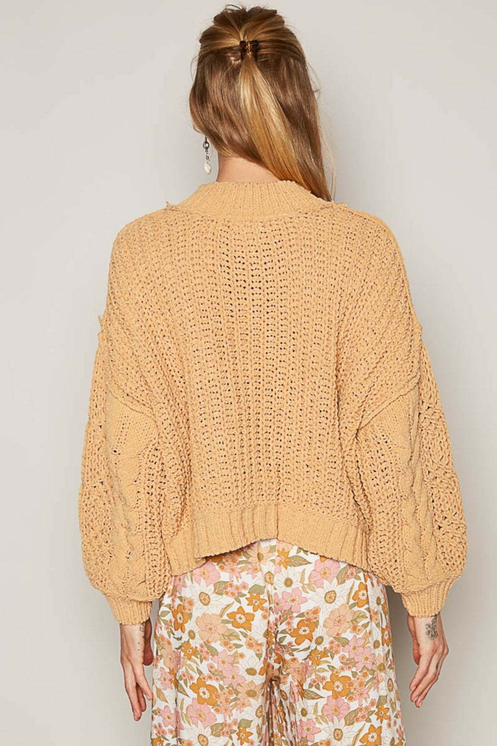 POL Mock Neck Cable Knit Sweater In Honey Gold