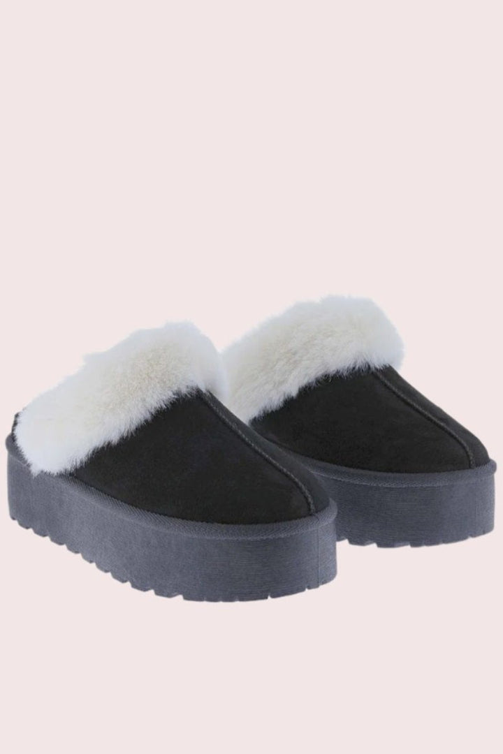 Thick Bottom Fur Trim Snow Slippers In Black