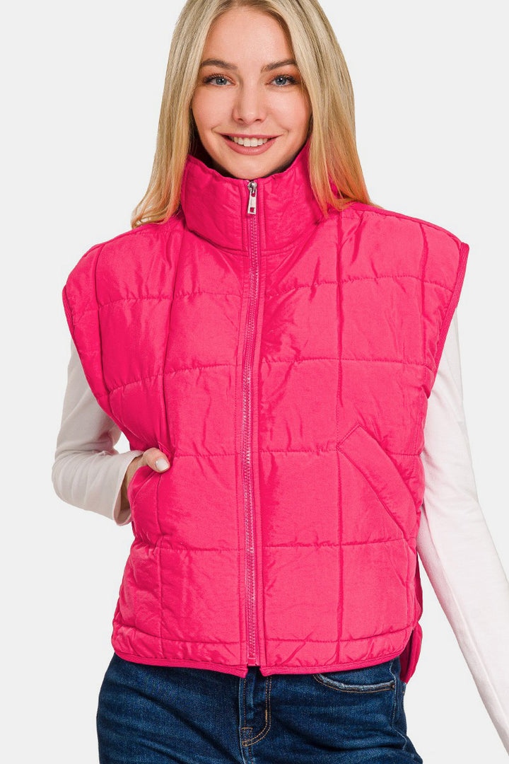 Zenana Zip Up Cropped Puffer Vest with Pockets In Hot Pink