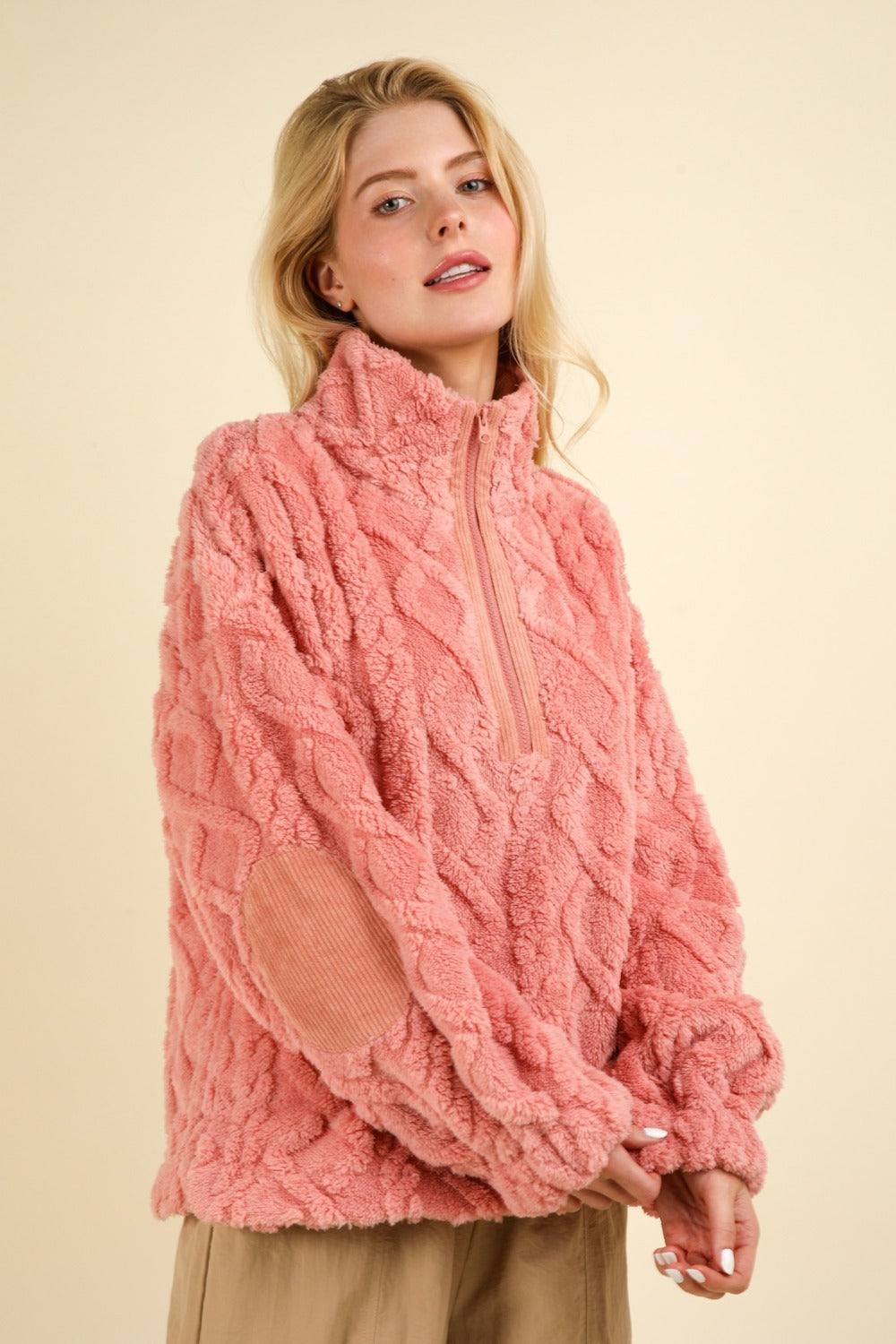 VERY J Fuzzy Fleece Half Zip Cable Pattern Sweatshirt In Blush