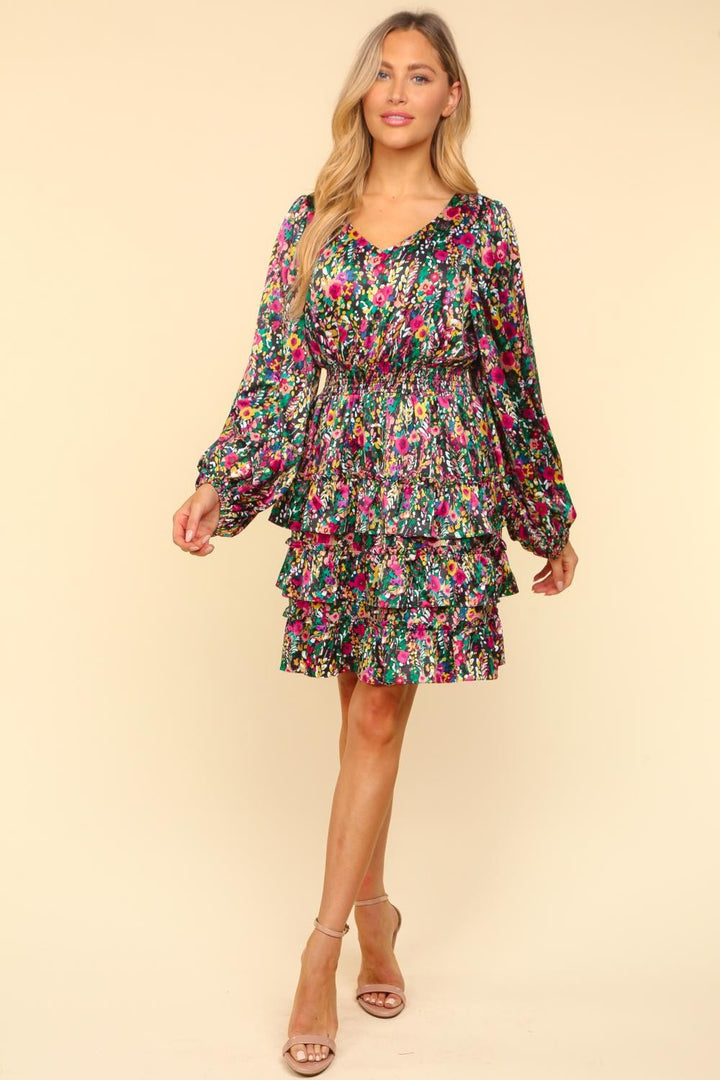 Haptics V-Neck Satin Floral Layered Dress In Multi