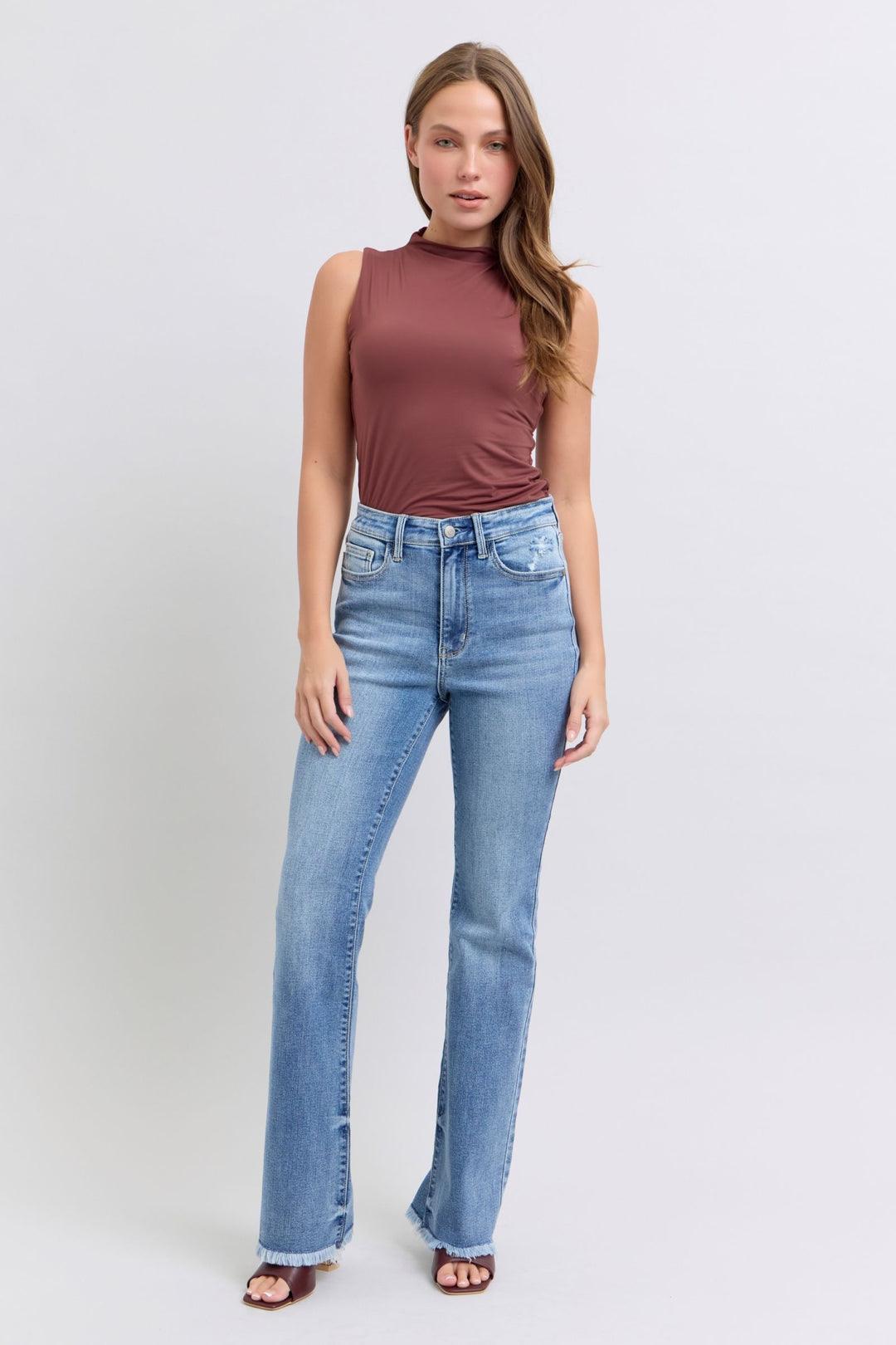 Judy Blue Raw Hem High Rise Bootcut Jeans In Medium Wash