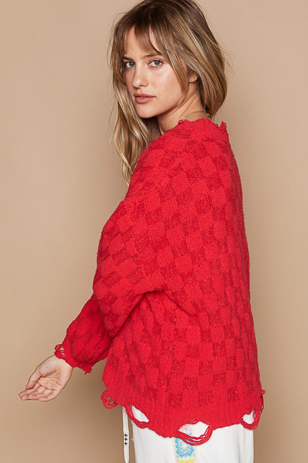 POL Checkered Distressed Edge Sweater In Candy Apple