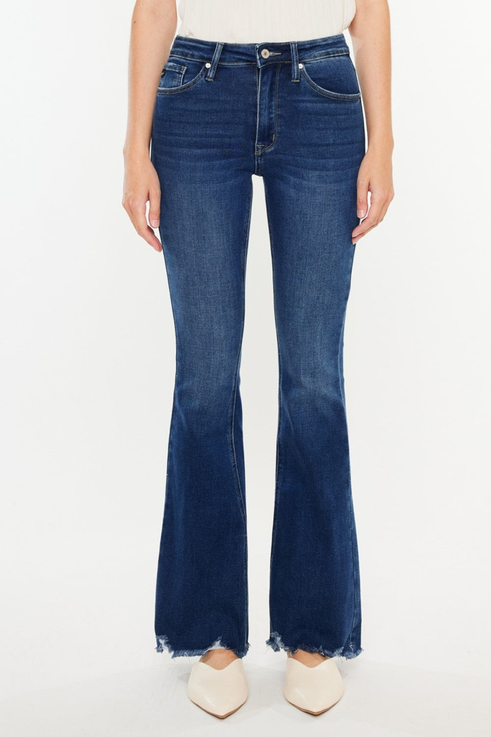 Kancan Cat's Whiskers Raw Hem Flare Jeans In Dark Wash