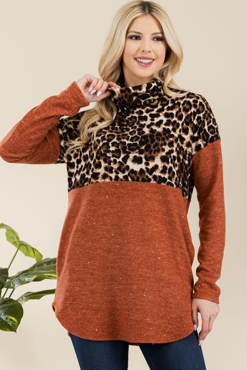 Leopard Turtleneck Blouse In Rust