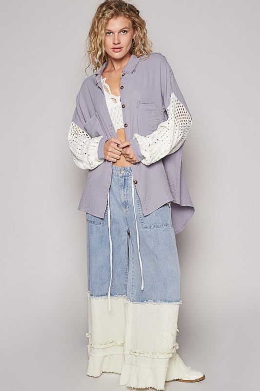 POL Openwork Lantern Sleeve Button Down Gauze Top In Grey