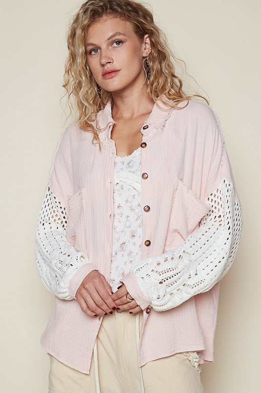 POL Openwork Lantern Sleeve Button Down Gauze Top In Blush