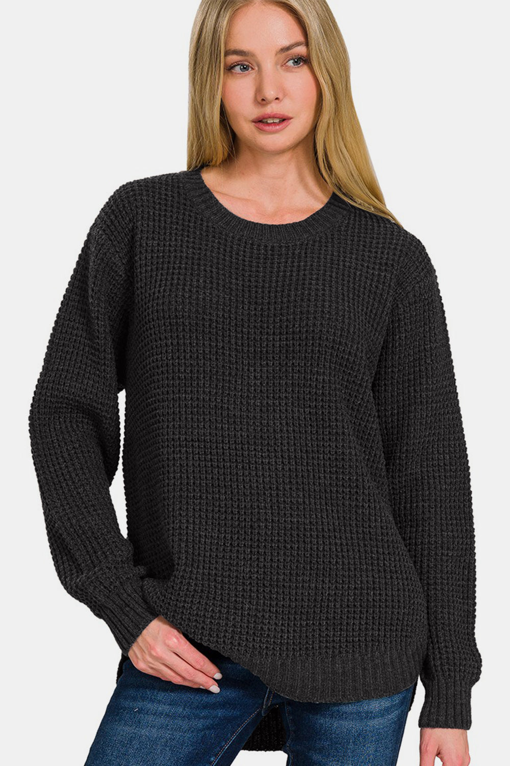 Zenana High Low Waffle Sweater In Black