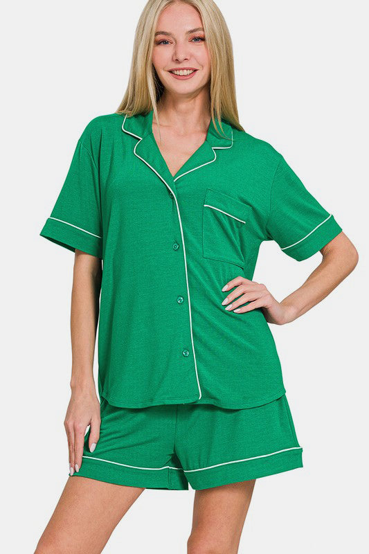 Zenana Button Down Top and Shorts Lounge Set In Kelly Green